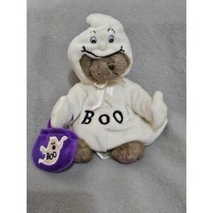 2004 Hugfun plush teddy bear dressed in a ghost costume, holding a purple bag